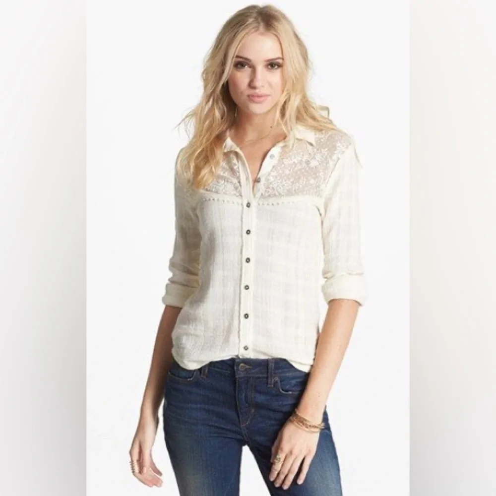 Free People Saddle Up Lace Yolk Button Up Shirt in Cream Size Medium.